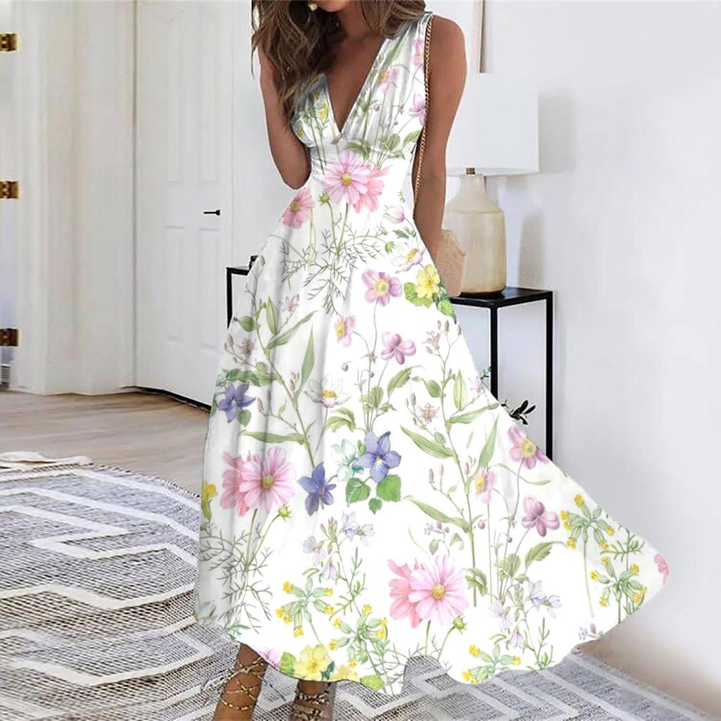 Женское длинное платье Платье макси Повседневное платье Летнее повседневное платье без рукавов с v-образным вырезом в стиле бохо с талией и принтом