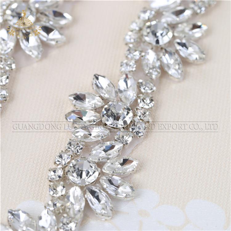 High Quality Fancy Applique Design Sash Shape Beaded Silver Crystal Rhinestone Applique Trims