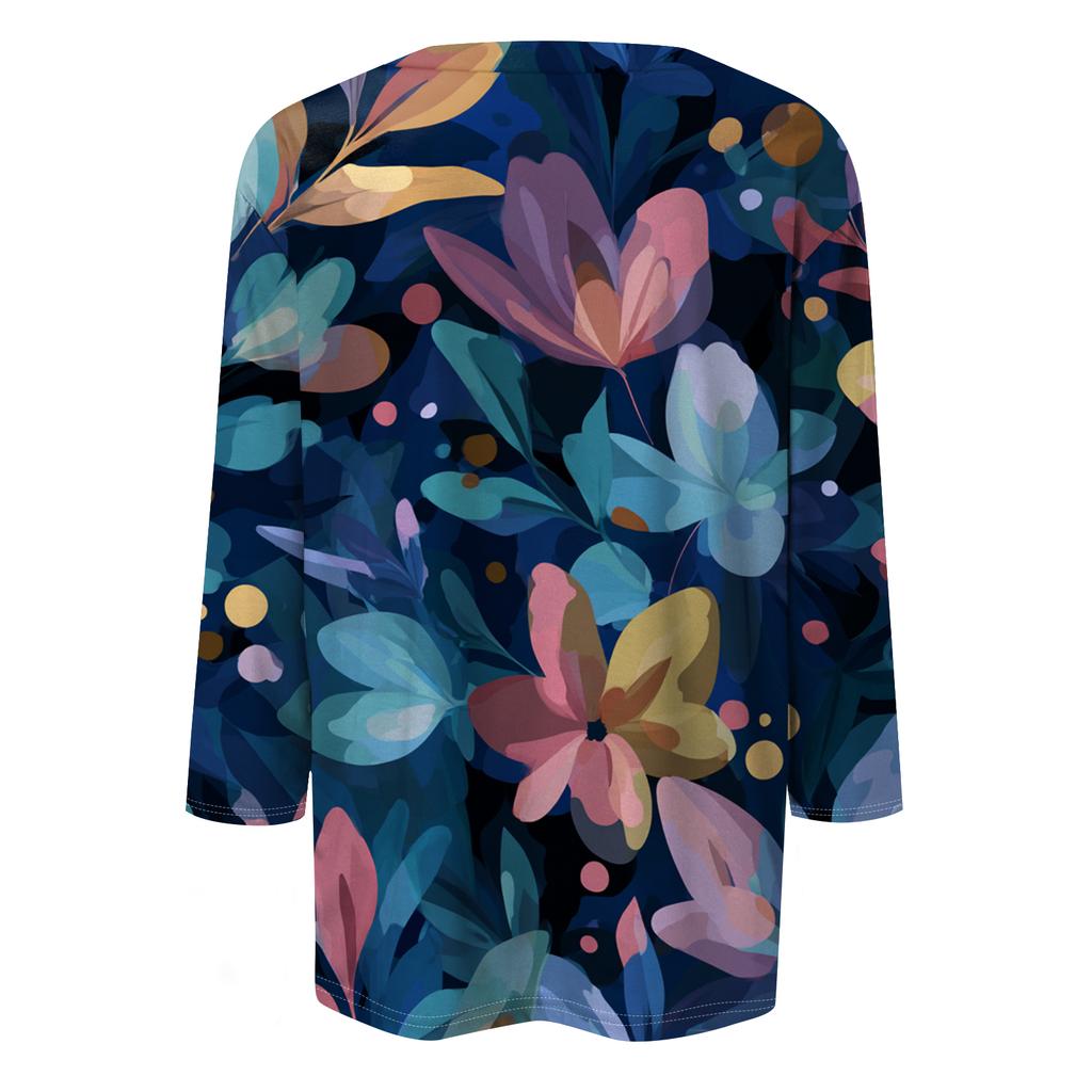 Women's Fashion Casual Round Neck Three-quarter Sleeve Retro Floral Print T-shirt Top