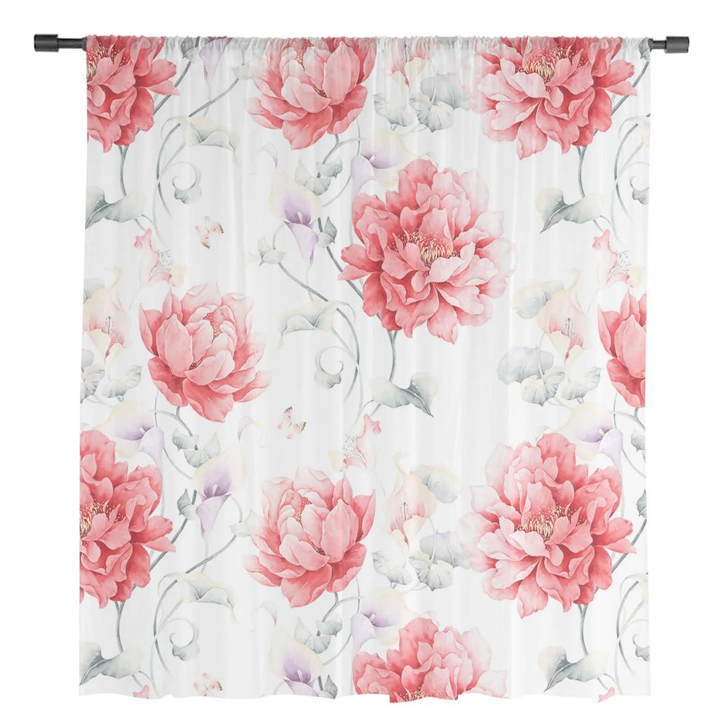 Pink Watercolor Flowers Retro Window Tulle Curtains for Living Room Bedroom Hotel Luxury Decoration Sheer Curtains