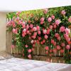 Spring Flowers Wood Fence Tapestry Nature Pink Rose Plant Flower Wall Hanging Garden Window Nature Scenery Tapestry