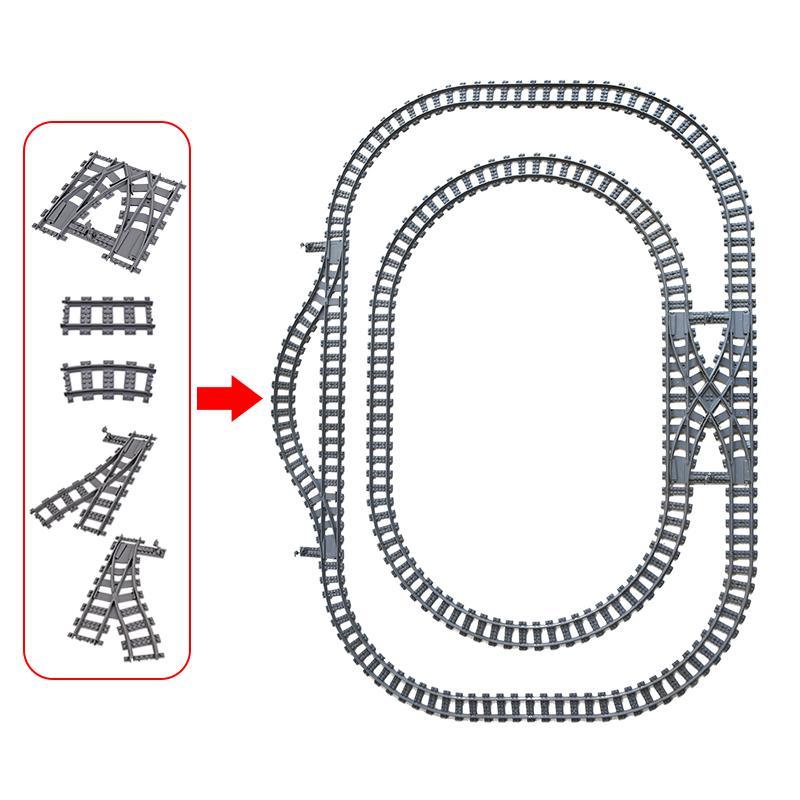 25 стилей Городской поезд Рельсы Набор Одинарный скользящий переключатель Переезды Рельсы Кирпичи Строительные блоки Технические просветительные игрушки для детей