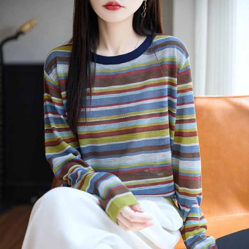 Women S Loose Fit V Neck Striped Long Sleeve Knit Cardigan