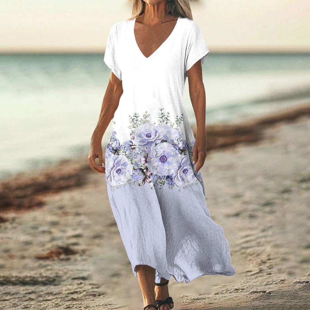 Fashion Women's Summer V-Neck Short Sleeve Floral Print Beach Dress