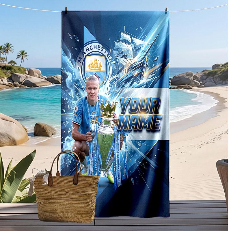 Erling Haaland Personalized Printed Beach Towel Soccer Logo Support Custom Name Text Absorbent Towel For Sport Travel Special Gift