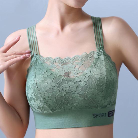 Women Elegant Bandeau Back Underwire Bra Anti Sagging Padded Wide Shoulder Straps Floral Lace Stitching Push Up Sport Breathable Brassiere Inner Wear