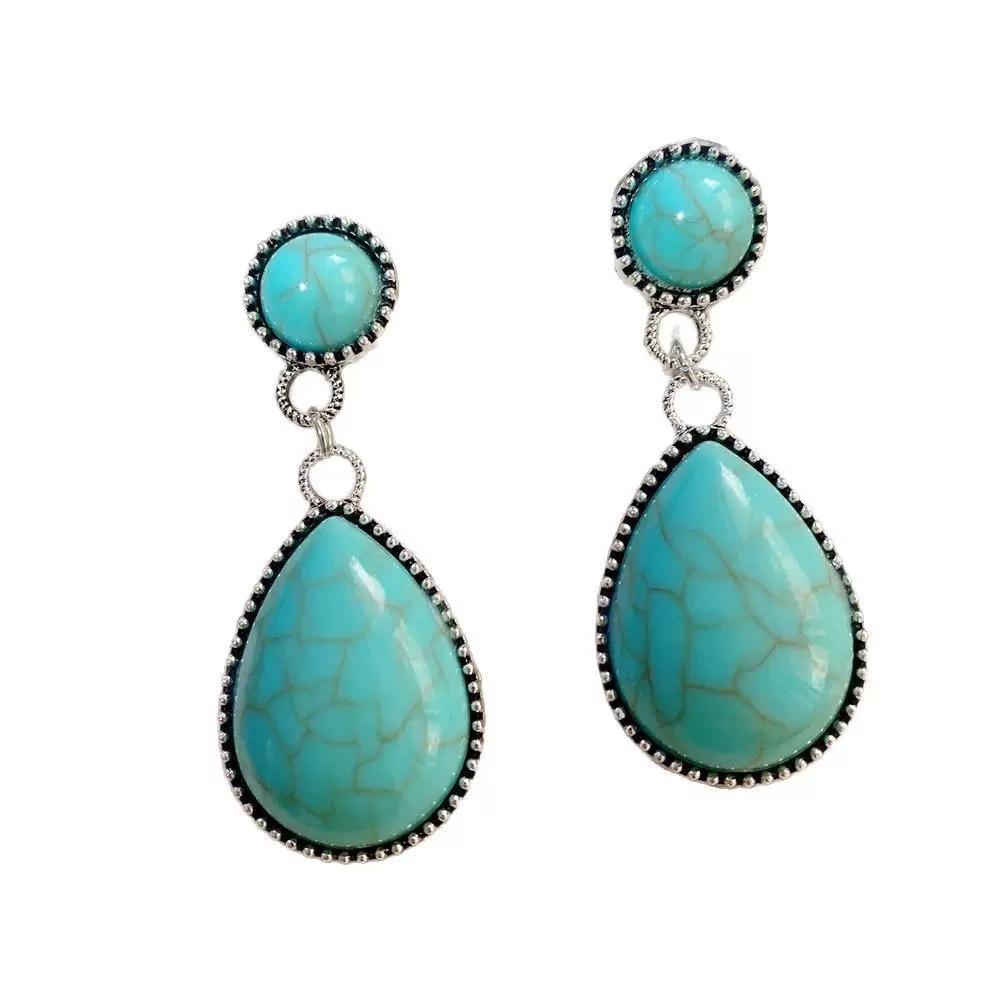 Ethnic Style Ancient Silver Turquoise Earrings, Creative Drop-shaped Turquoise Exaggerated Earrings