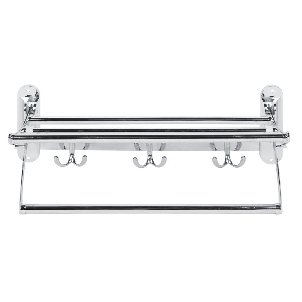 Bathroom Stainless Steel Wall Mounted Folding Towel Rack Storage Holder Shelf with 3 Hooks