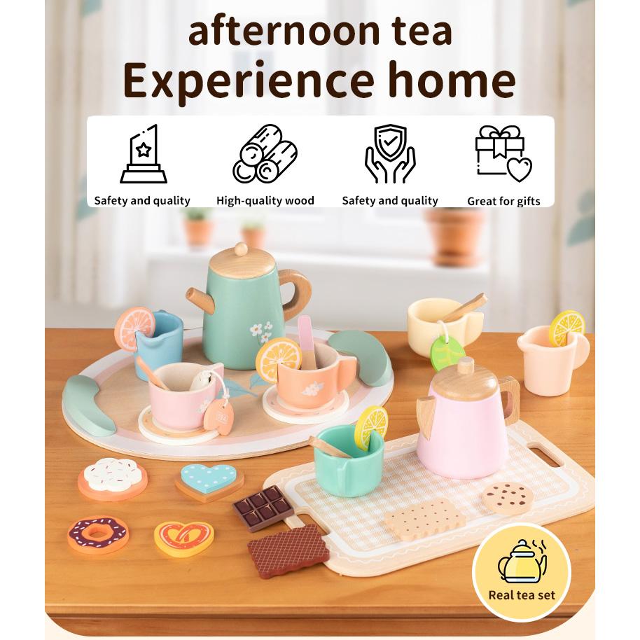 Tea Sets for Toddlers Wooden Play House Pretend Food Toy Sets for Kids Kitchen Accessories, Party Role Playing Toys Girls Gift