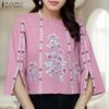 Women Casual Floral Print O-neck Slit 3/4 Sleeve Loose Blouse