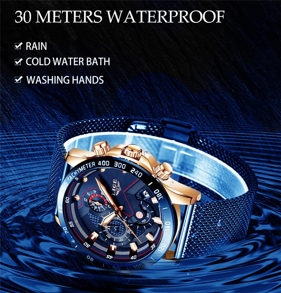 LIGE 2020 New Mens Watches Wrist Watch Quartz Clock Blue Watch Men Waterproof Sports Chronograph