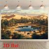 2D planar banner - Retro desert oasis polyester photo background fabric featuring palm trees camels and reflective water
