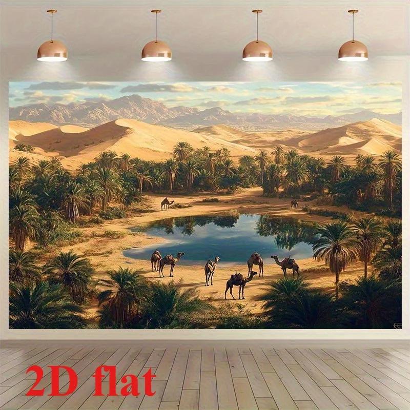 2D planar banner - Retro desert oasis polyester photo background fabric featuring palm trees camels and reflective water