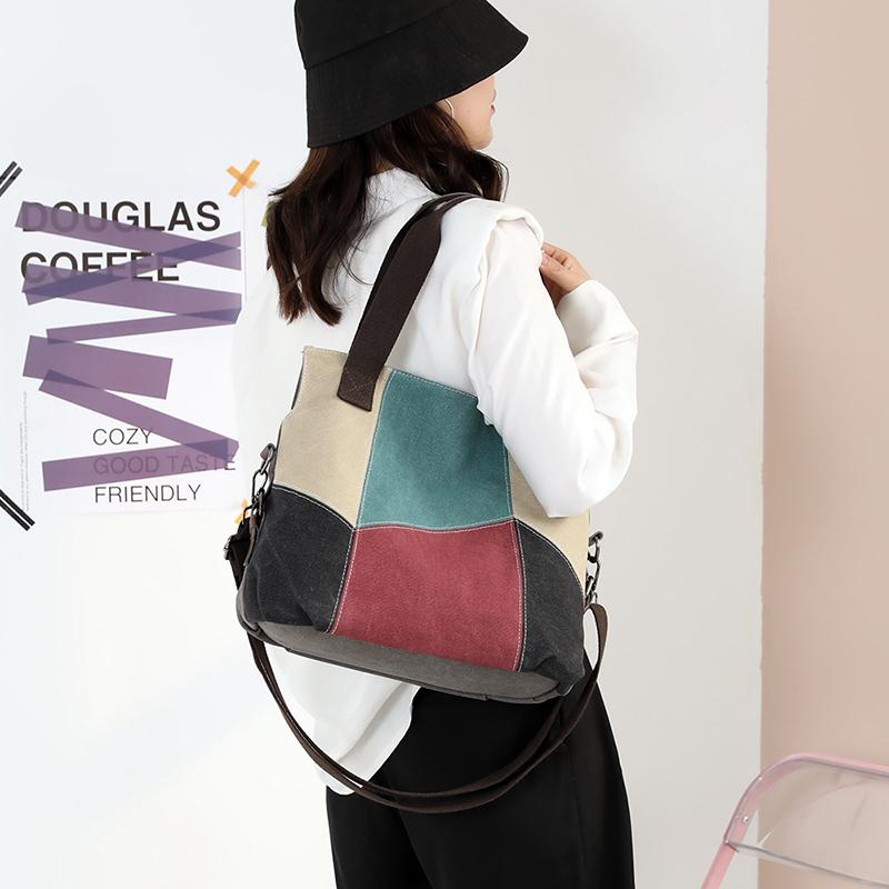 Женская контрастная холщовая сумка-тоут, женская большая вместительная сумка с контрастной строчкой, сумка на плечо