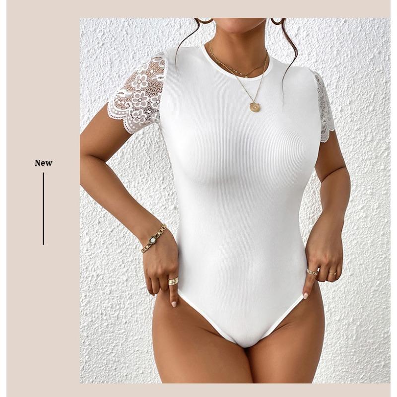 Summer Women's T-Shirt Short Sleeves Jumpsuit Slim Pitted Bodysuit Lace Splicing Top Back Hollowed Out Tie Tops