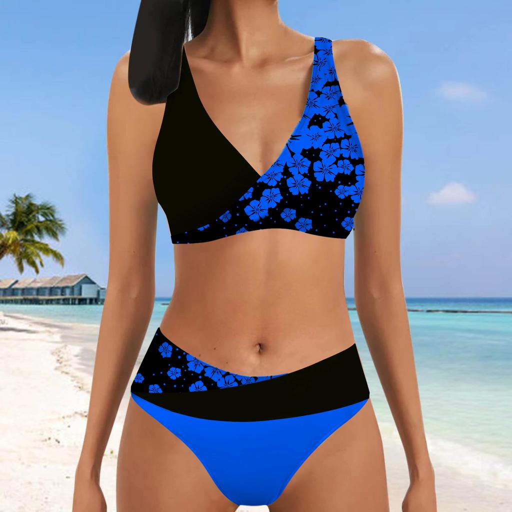 Women's Shoulder Strap Swimsuit Half Sided Black and White Cherry Blossoms Print Bikini Tankini Swimsuit