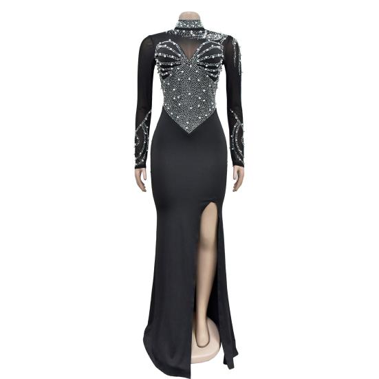 Женское платье с воротником до половины и длинными рукавами, длинное платье с разрезом по бокам, сетчатое платье макси со стразами и разрезом по бокам