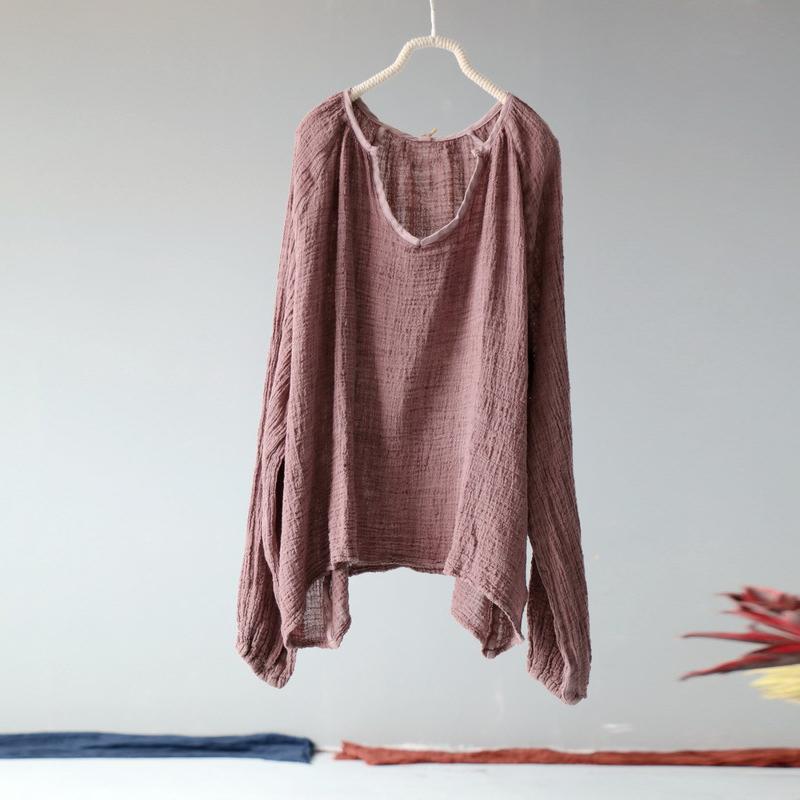 Johnature Women Autumn Linen Vintage Solid Color T-Shirts O-Neck Full Sleeve Loose Casual Pullover Women T-Shirt