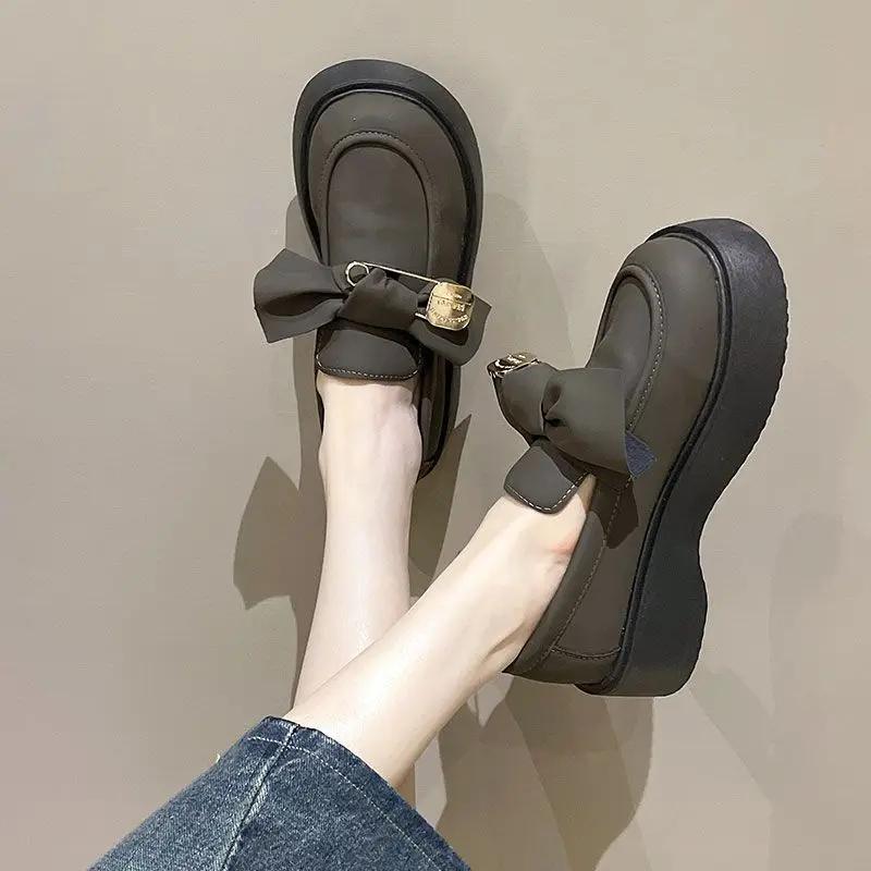 Новые женские кожаные туфли в британском стиле на толстой подошве, туфли Мэри Джейн на платформе с бантом, De Mujer