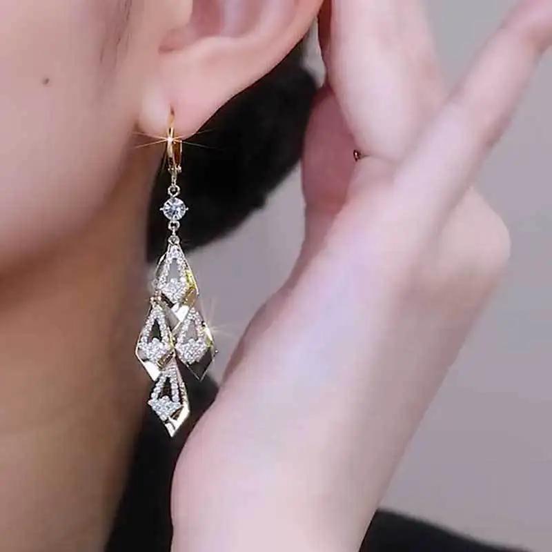 Super Sparkling Rhombus Zircon Golden Tassel Earrings For Women Personalized Daily Accessory Party Jewelry Birthday Gift