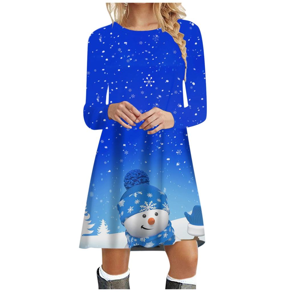 Женское осеннее и зимнее платье с рождественским принтом и круглым вырезом и длинными рукавами