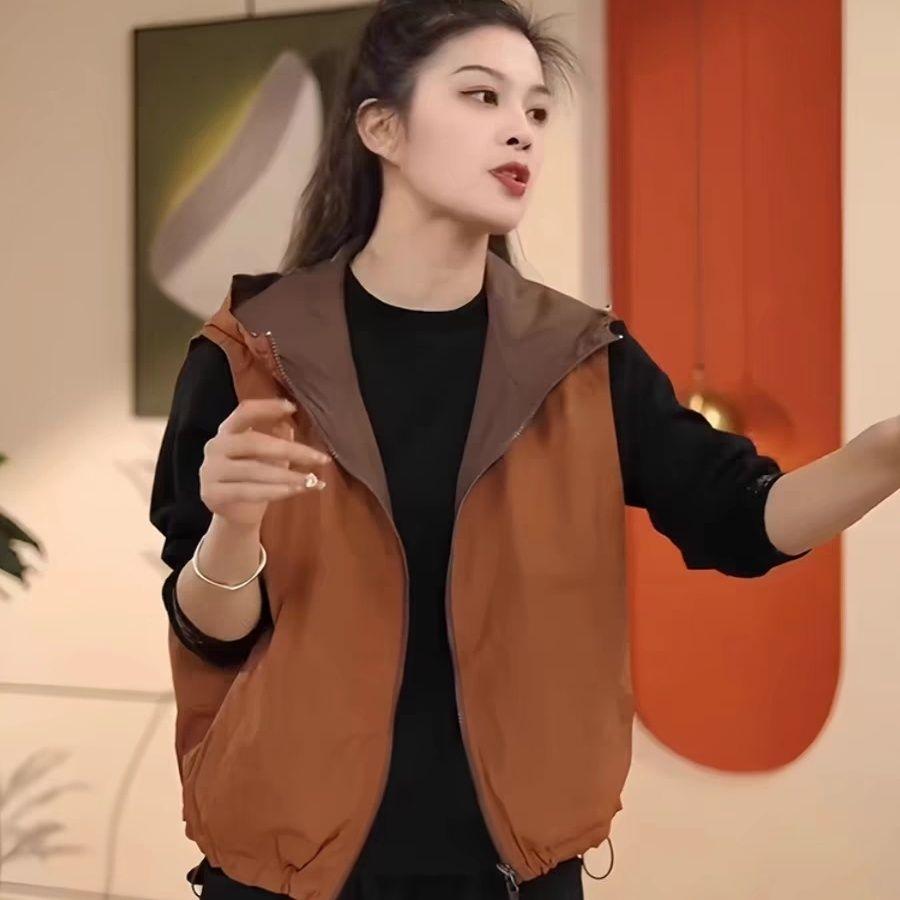 Двусторонний женский жилет-куртка   Весенне-летний свободный худи без рукавов Женский повседневный жилет на молнии Верхняя одежда