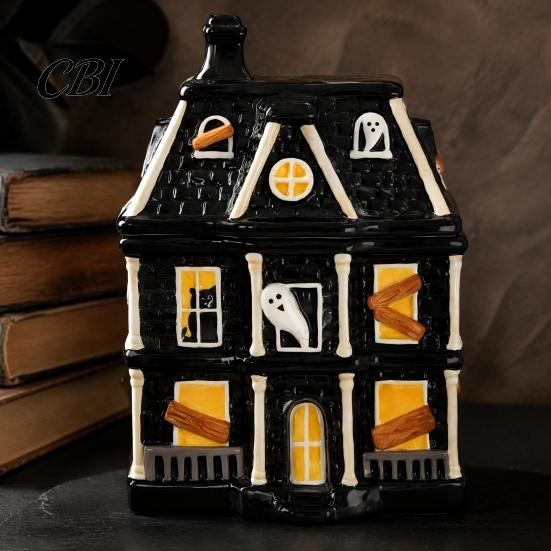 Festive Party Supplies Haunted House Candy Jar with Lid, Synthetic Resin Halloween Storage Container, 3D Relief Craftsmanship Box for Cookies Jewelry