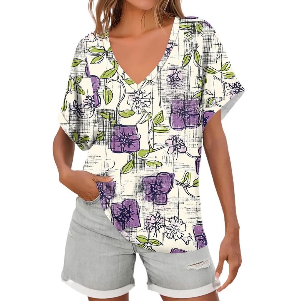 Womens Short Sleeve V-Neck Shirts Floral Print Loose Casual Basic Tees Summer Tops