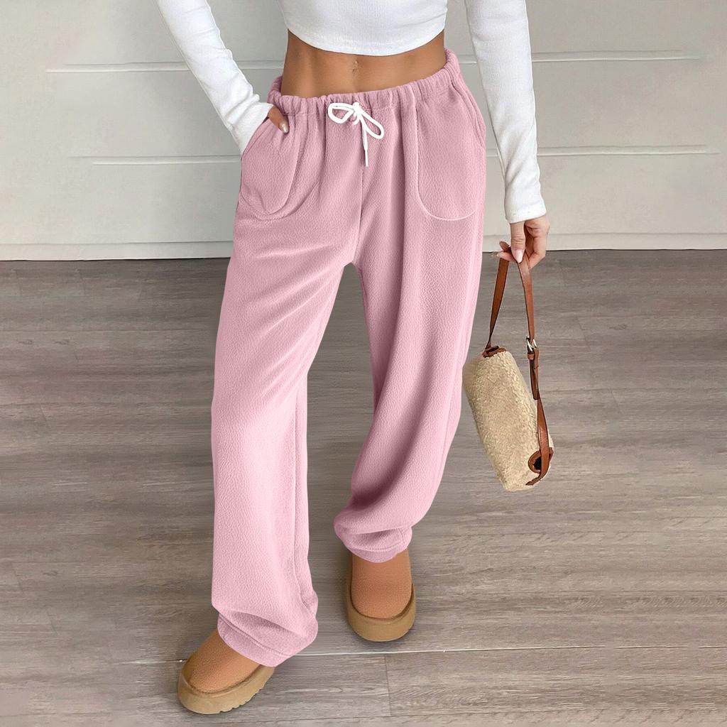 Женские пижамные штаны, плюшевые пижамные штаны, мягкая эластичная талия, пижамные штаны, однотонные штаны с 2 карманами