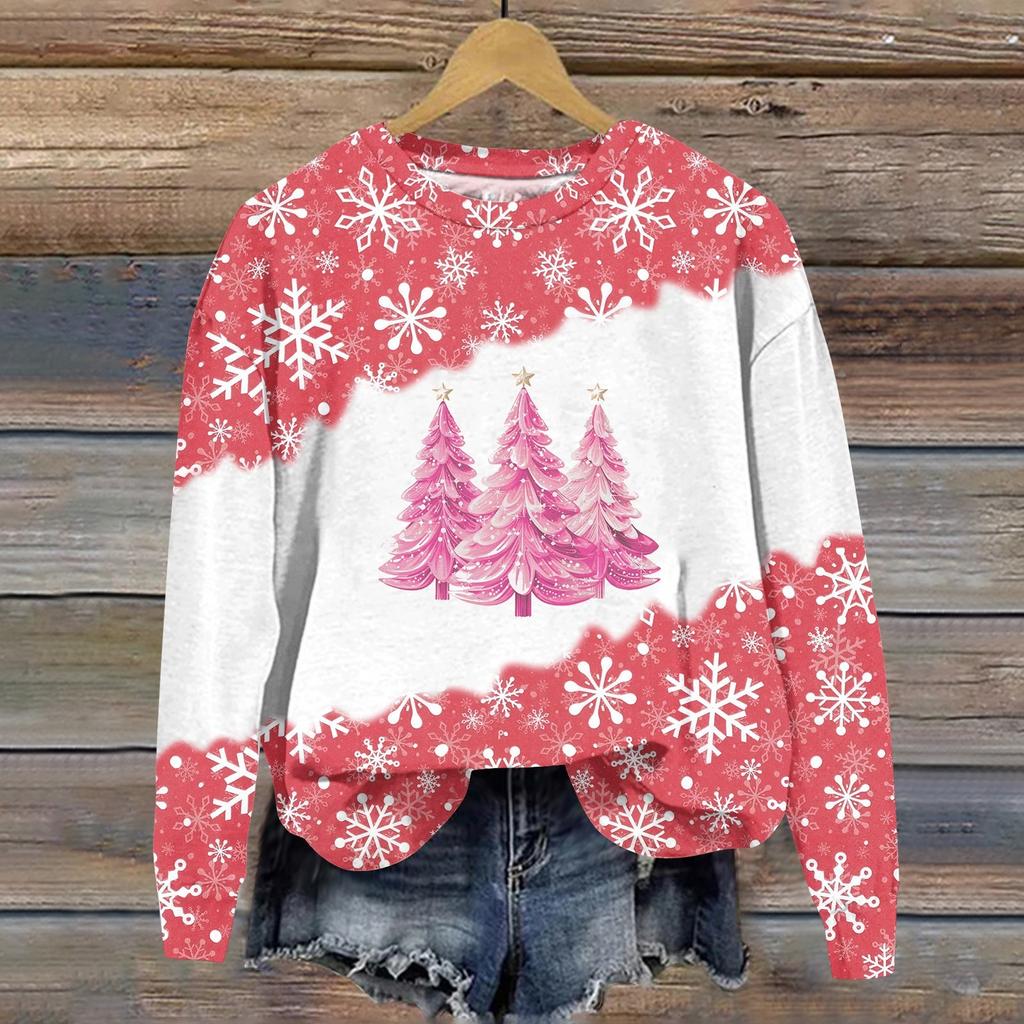 Женская мода рождественский принт длинный рукав свободный круглый вырез толстовка топ осень