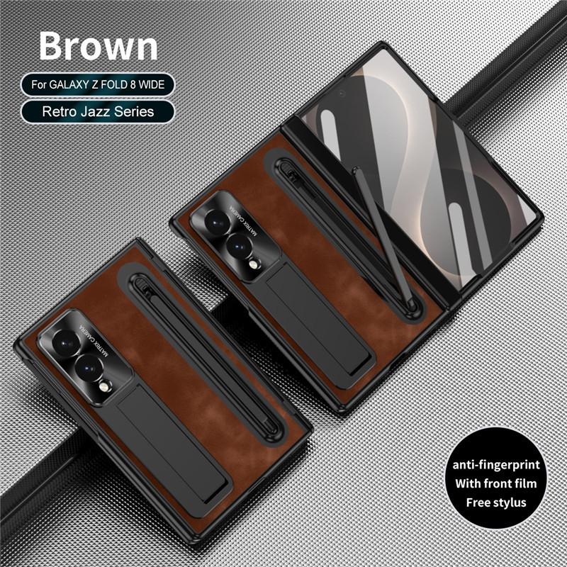 For Samsung Galaxy Z Fold 8 Bracket Holder With S Pen Slot Screen Glass Case For ZFold 8 Fold8 Hinge Protection Leather Cover