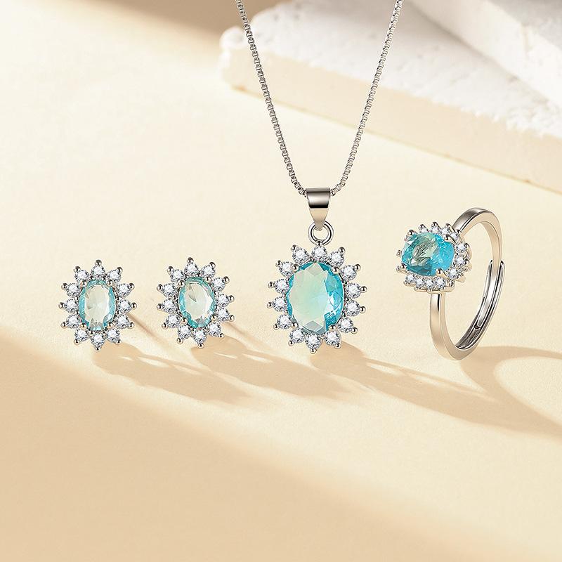 Blue Red Yellow Green Purple and White Gemstone Zircon Princess Crown Necklace Set Ring Earrings Pendant Female