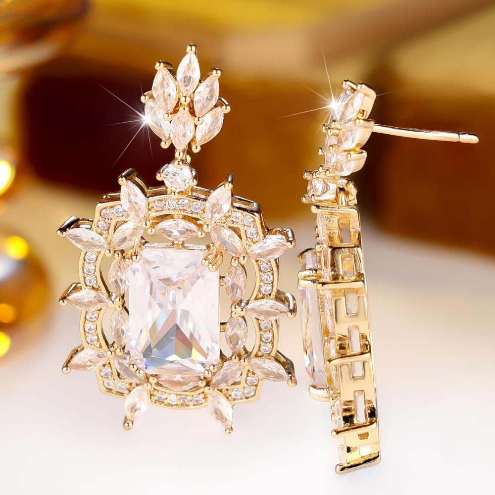 Luxury Flower Zircon Drop Earrings Gold Color Large Bridal Wedding Jewelry Women Gift