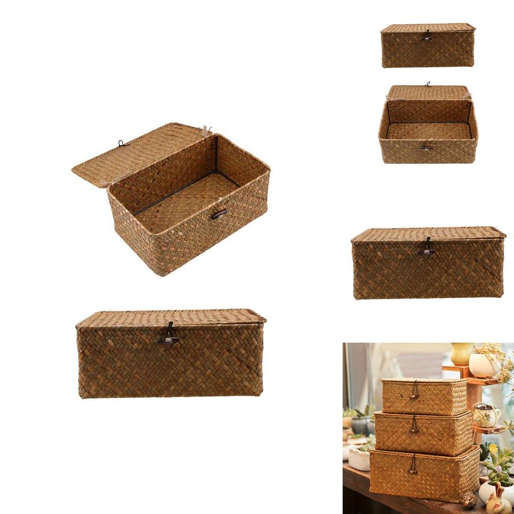 Винтажная желтая корзина для хранения из морской травы с крышкой, идеально подходящая для CD-дисков, пультов дистанционного управления и канцелярских принадлежностей