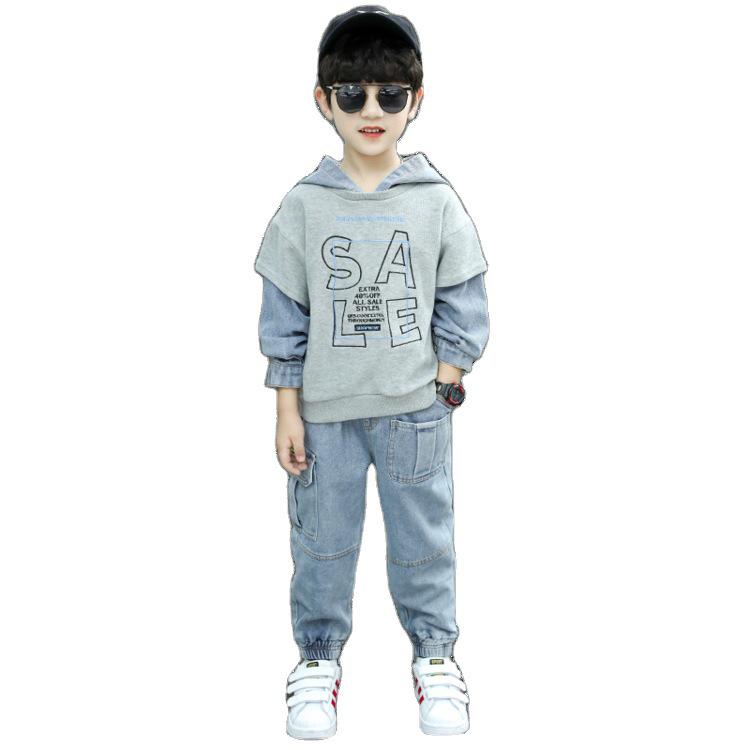 2022 Spring & Autumn Hooded Denim Suit for Boys: Stylish Two-Piece Outfit for Children