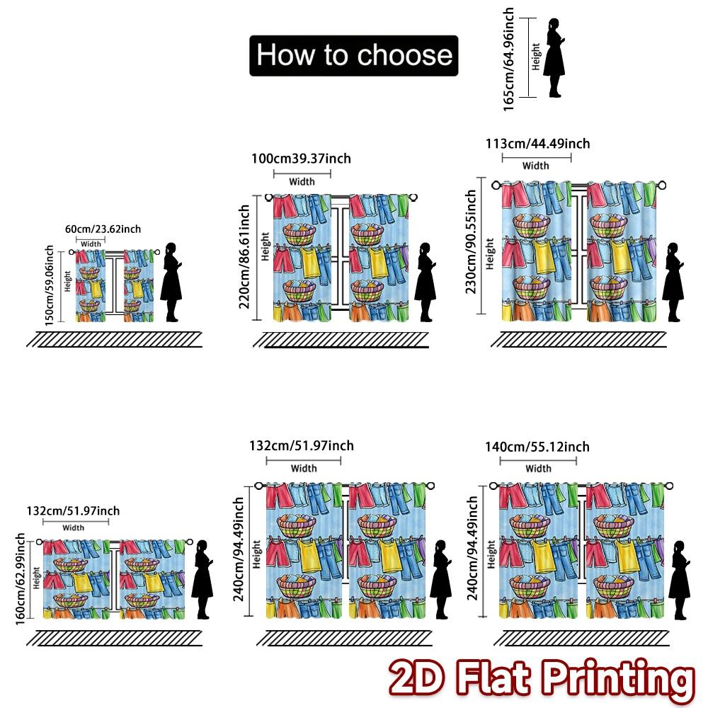2D FLAT PRINTING 2pcs Curtains (Without Rod) Colorful Laundry Day Popular Minimalist Curtains Machine Washable Fabric Curtains