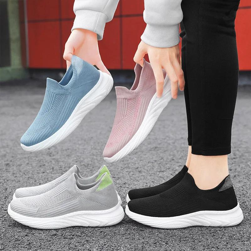 Fashion Women Vulcanized Shoes High Quality Mesh Breathable Sneakers Slip On Flat Shoes Women Loafers Walking Shoe Zapatillas De Deporte