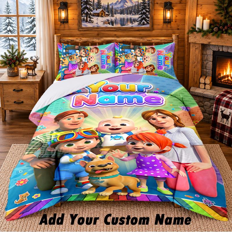 Cocomelon Custom Name 3Pcs Bedding Set 1 Bed Sheet 2 Pillowcases Bedroom Home Decor