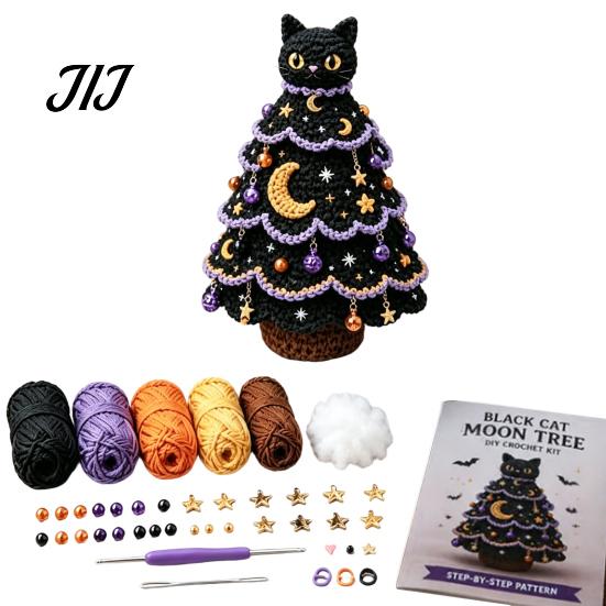Crochet Supplies with Tools Halloween Tree Kit, DIY Black Cat Pumpkin Witch Beginner Friendly Yarn Craft Hat Ghost Crafting Kit for Holiday