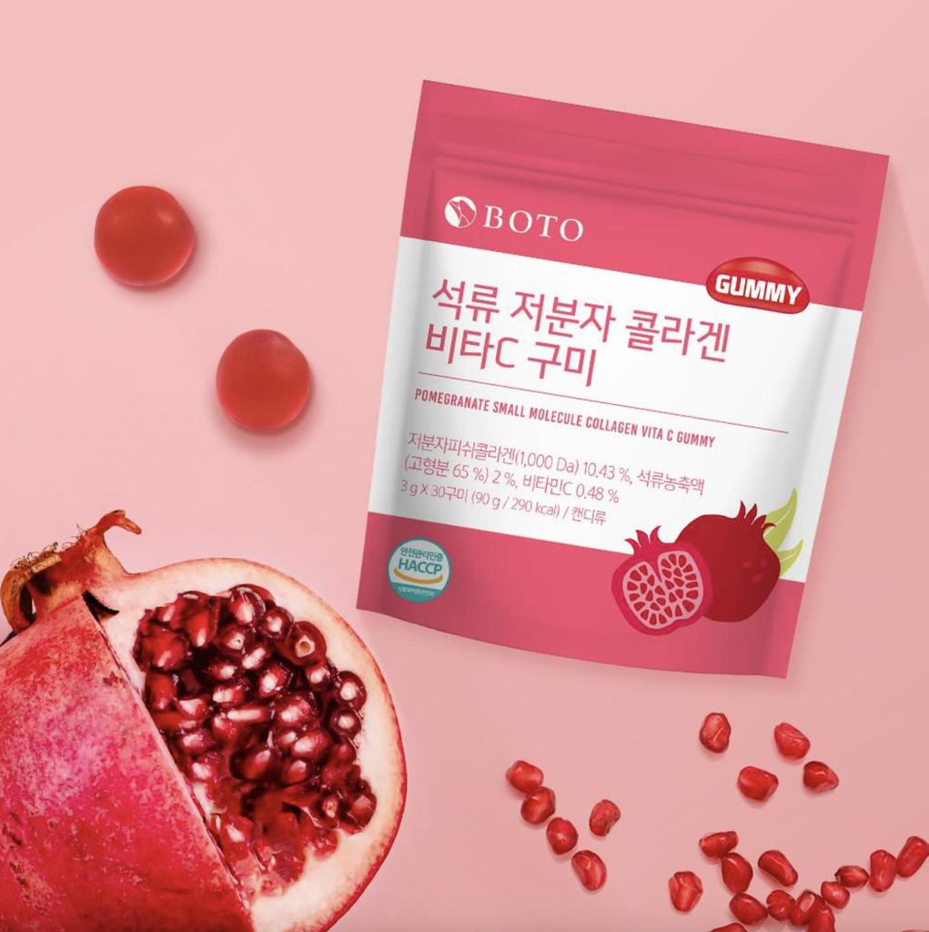 BOTO Гранатовый низкомолекулярный корейский коллаген (1000Да) Vita C желейное желе (30 жевательных конфет x 1 упаковка)
