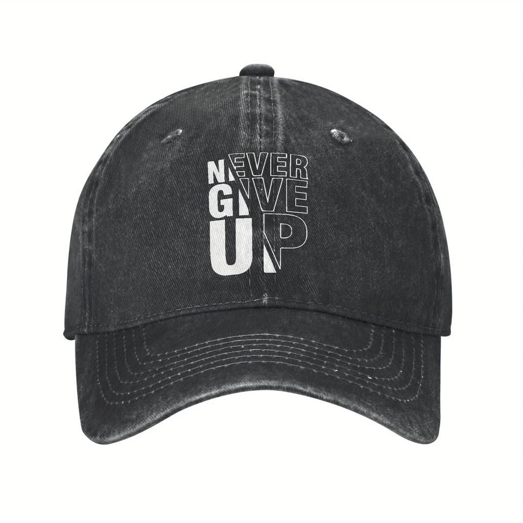 Never Give Up Motivational Baseball Cap for Unisex - Lightweight Breathable Denim-Style Adjustable Snapback Hat with Cartoon Letter