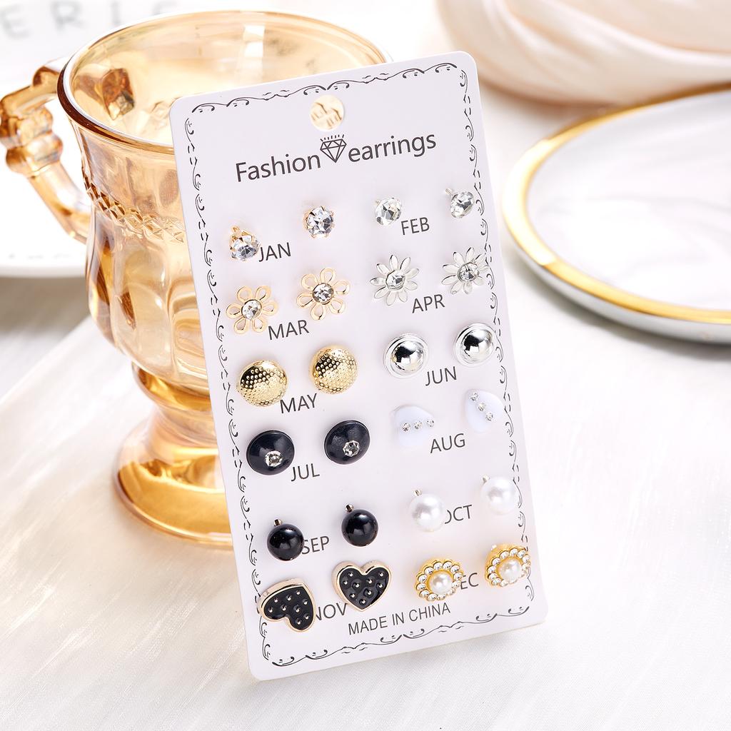 12 Pairs/set Crystal Simulated Pearl Stud Earring Sets For Women Shiny Rhinestone Flower Moon Star Metal Earring Mixed Zircon