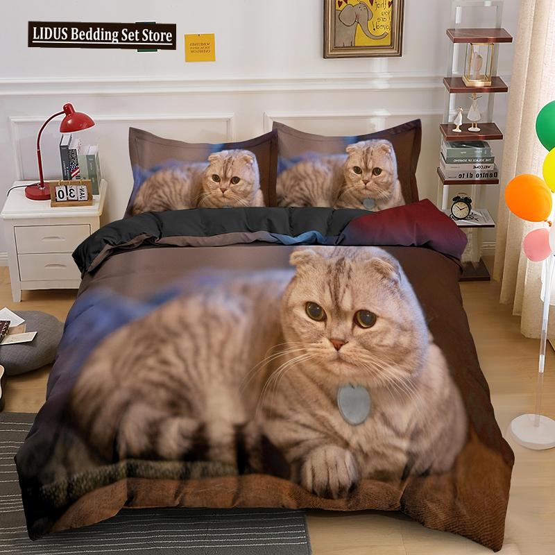 3D Комплект пододеяльника с кошкой, размер Твин, Квин, Кинг, Милый животный, Роскошный полиэстеровый постельный комплект для детей, девочек, взрослых, Подарок с наволочкой