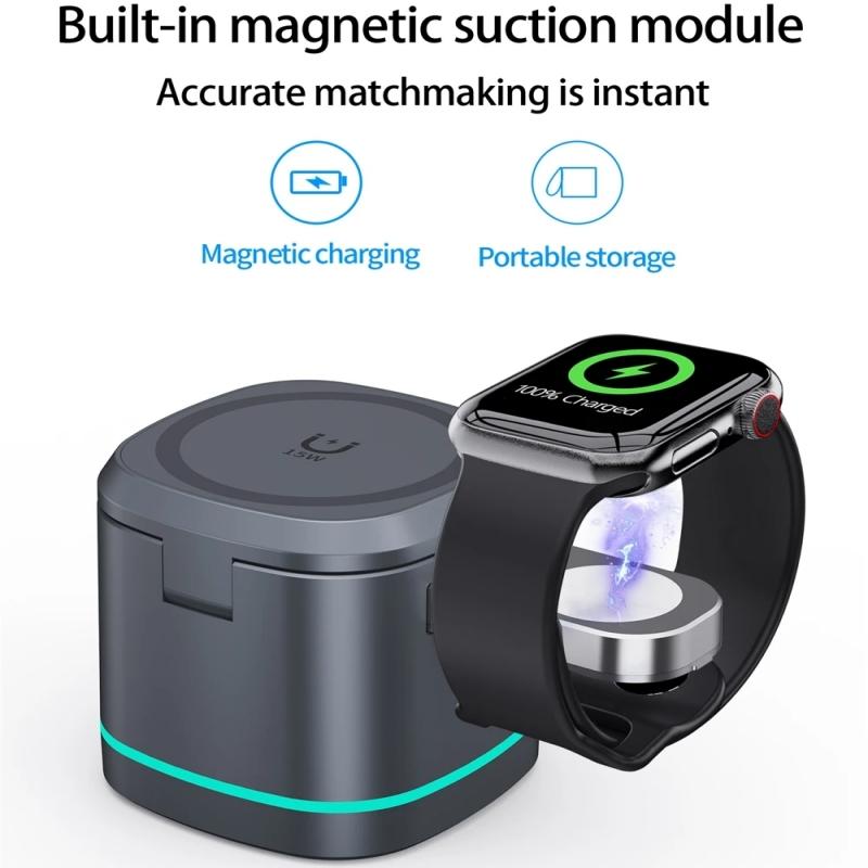 Multifunction Magnetic 3 In 1 Folding Wireless Charger 15W Fast Charging Dock