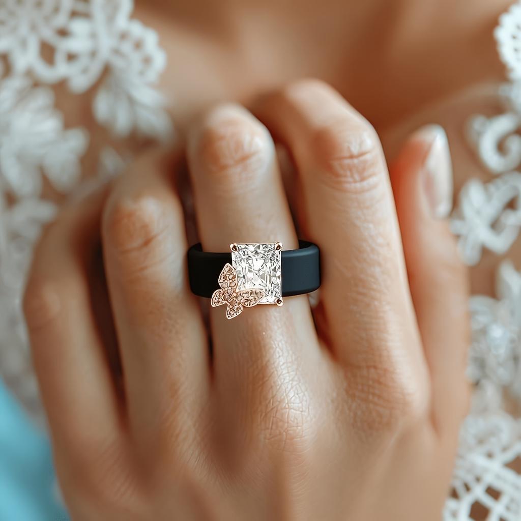 Women Butterfly Rectangle CZ Silicone Ring Two-tone Sparkling Butterfly Ring Comfort Sport Wedding Stackable Jewelry