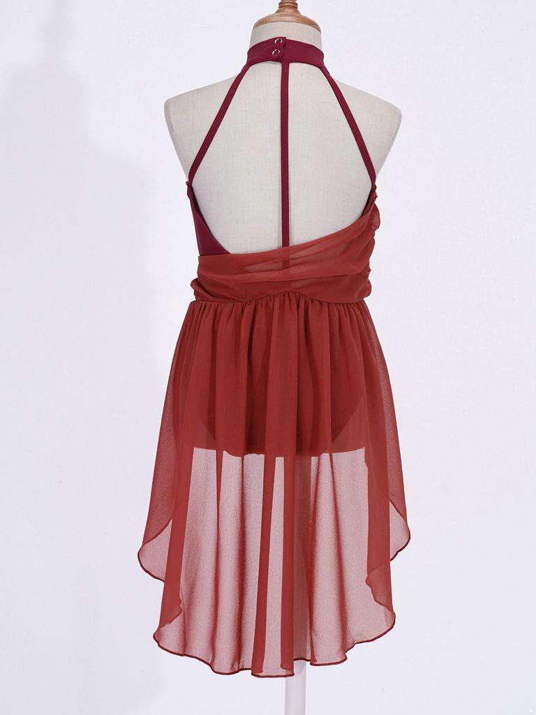 Детское гимнастическое танцевальное платье без рукавов для девочек, шифоновый лиф с рюшами, купальник, танцевальная одежда, костюм