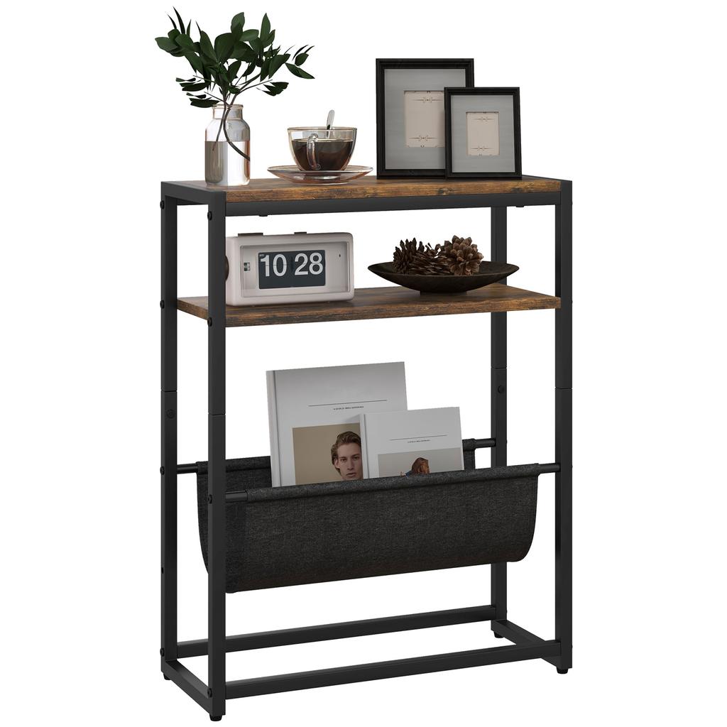 Narrow Side Table, End Table with 3-Tier Storage, V-Shaped Magazine Holder for Living Room, Bedroom, 43 x 18 x 56 cm, Ru