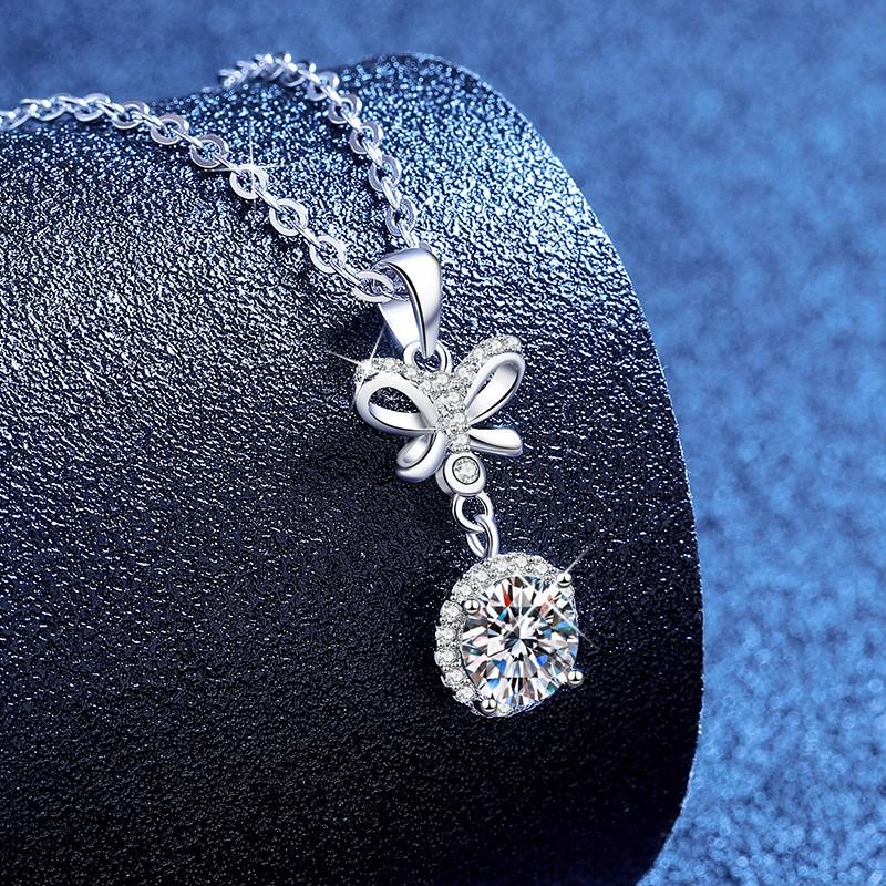Womens Moissanite Tassel Bow Necklace Dainty Jewelry