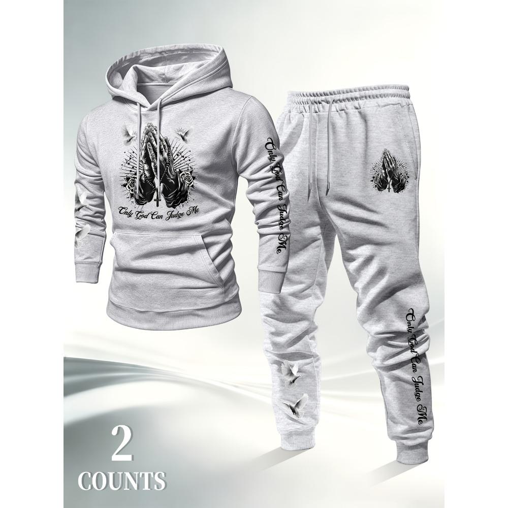 Men's Prayer Hand Peace Dove Printed Hoodie Set Drawstring Foot Tight Two Piece Set Trendy Retro Casual Sports
