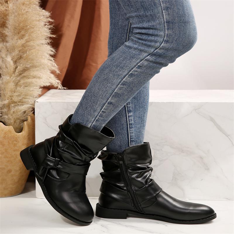 Зимние круглые носки квадратный каблук удобные молнии сексуальные складчатые модные короткие сапоги новые элегантные повседневные бархатные теплые женские туфли